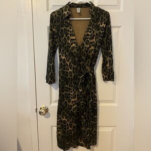 Diane von Furstenberg silk knit wrap Abigail dress in olive animal print